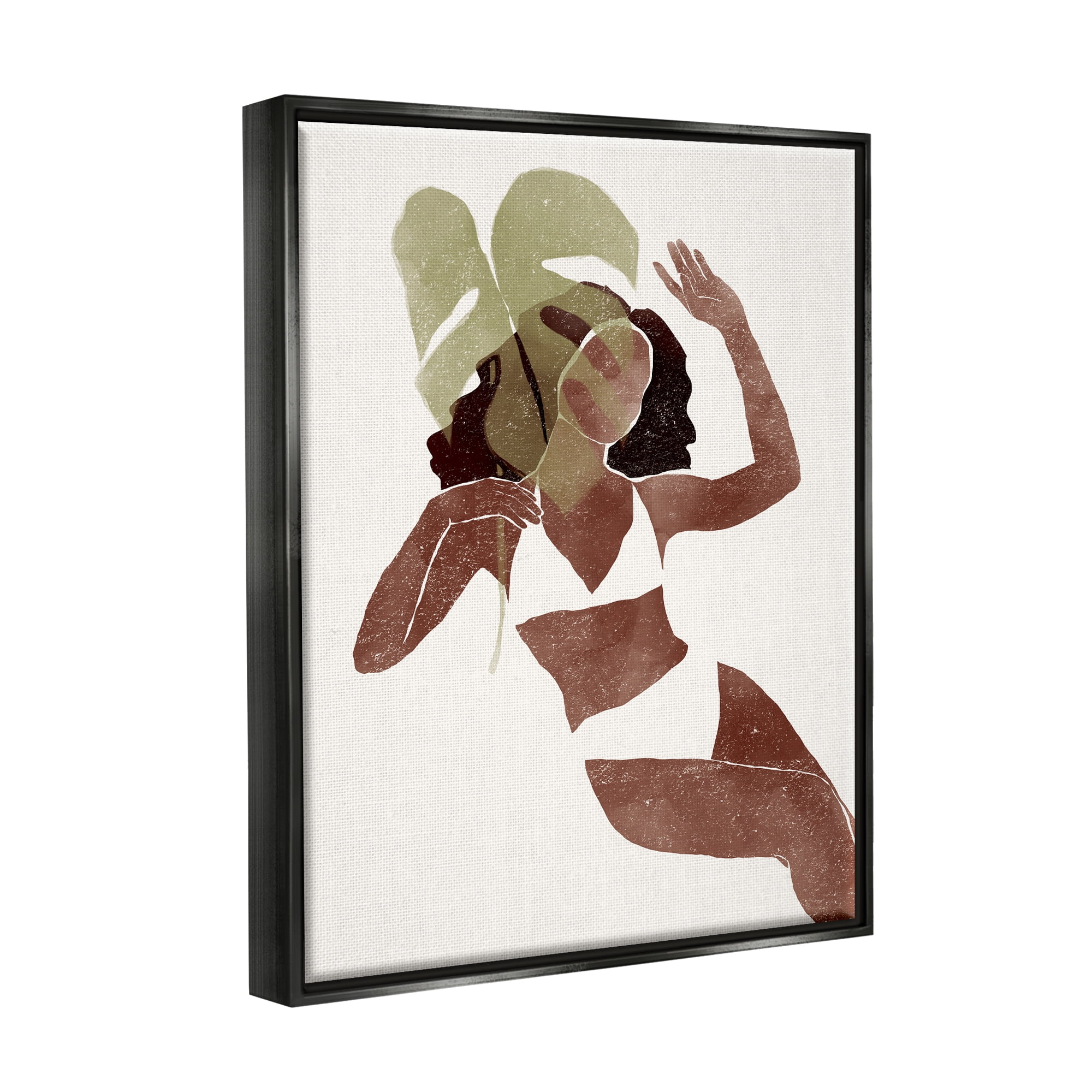 Stupell Monstera Leaf Girl Earth Tones Botanical & Floral Painting Black Floater Framed Art Print Wall Art