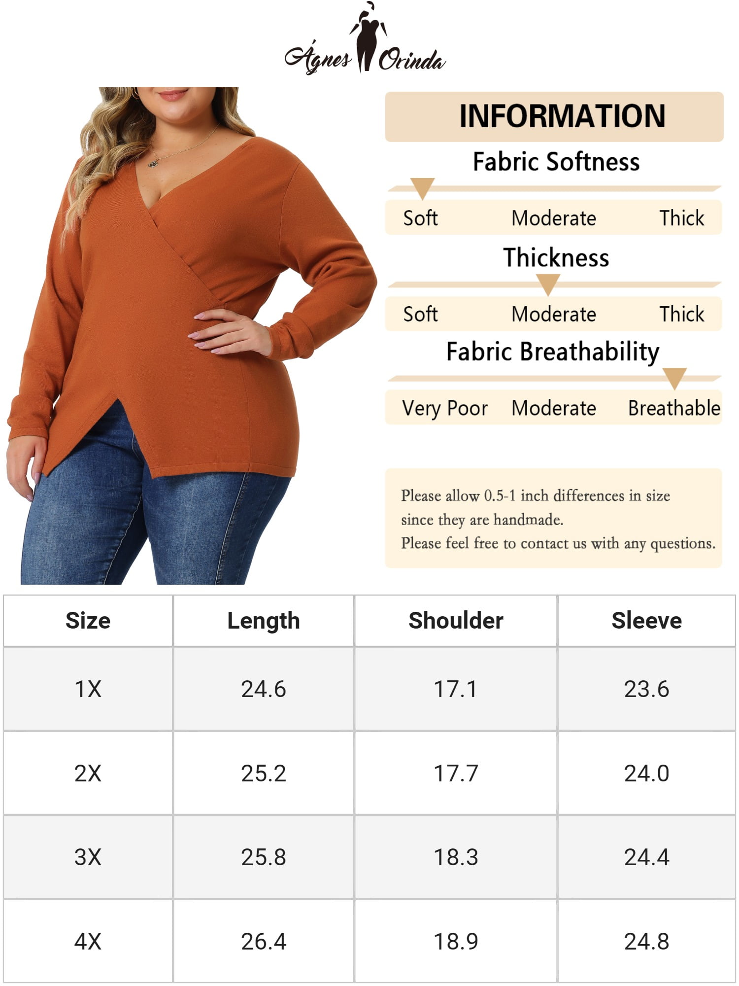 Unique Bargains Women's Plus Size Knitted Deep V Neck Wrap Criss Cross Cable Knit Sweater 4X Orange