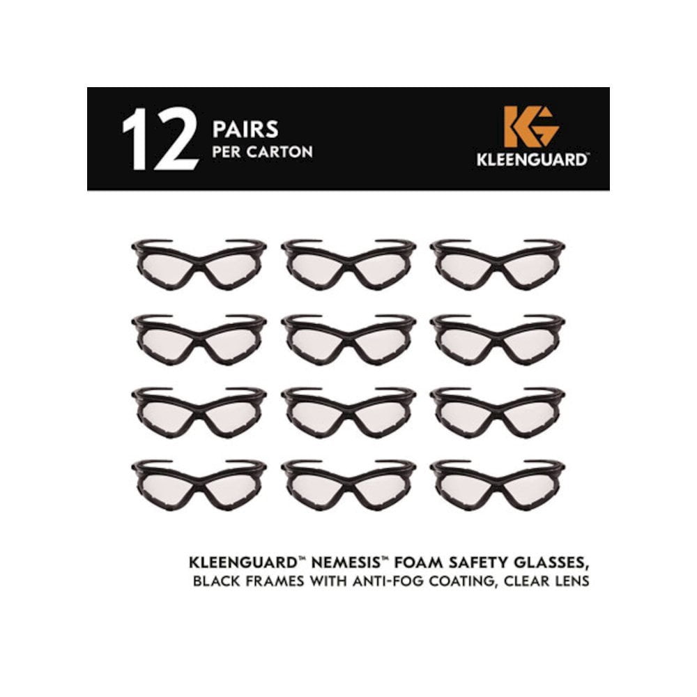 Kleenguard V30 Nemesi Foam Safety Glasses, Black Nylon Frame, Clear Polycarbonate Lens, 12/Carton