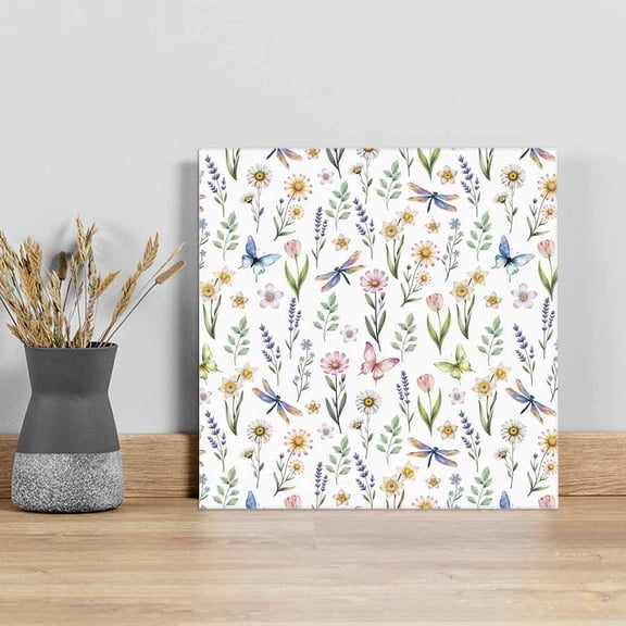 Spring Floral Wall Art Painting on Canvas, Elegant Pastoral Flowers Dragonfly Watercolor Canvas Art Home Prints Wall Art Framed Modern Artwork for Living Room Bedroom Wall Decor 8x8in