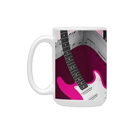 

Music Bass Guitar Keyboard Urban Rock Backdrop Rhythm of City Illustration Hot Pink Light Grey Black Ceramic Mug (15 OZ) (Made In USA)