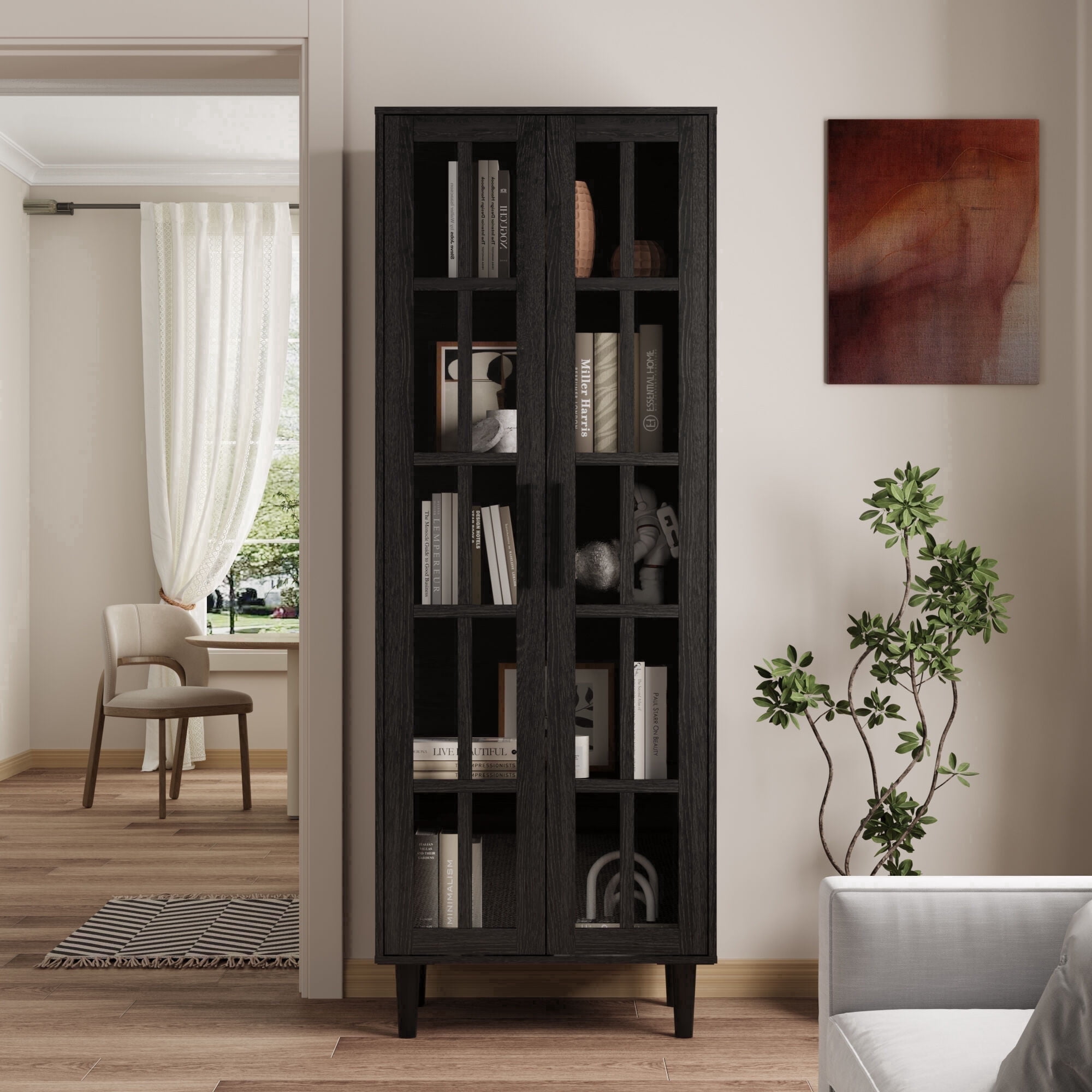 RichYa 71"H Tall Bookcase with Glass Door,2 Doors Display Bookshelf with Metal Legs,5 Tier Storage Cabinets for Living Room,Home Office,Black(A)