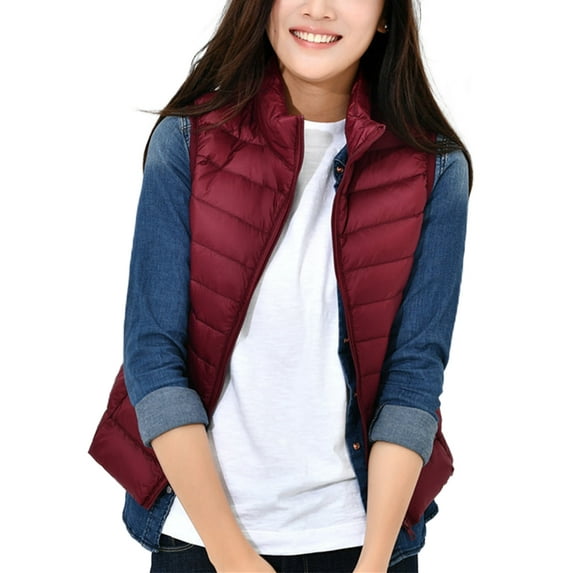Cindysus Women Down Jackets Sleeveless Outwear Long Sleeve Puffer Vest Casual Work Stand Collar Waistcoat Wine Red 2XL