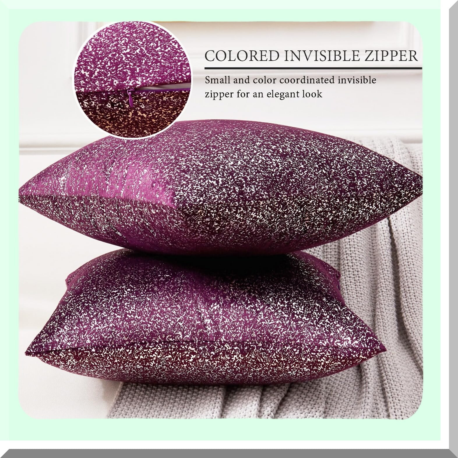 Lavender Sparkle Velvet Pillow Set Decorative Purple Silver Accent Cushion Covers with Hidden Zipper for Bed or Couch 18x18 Throw Pillows