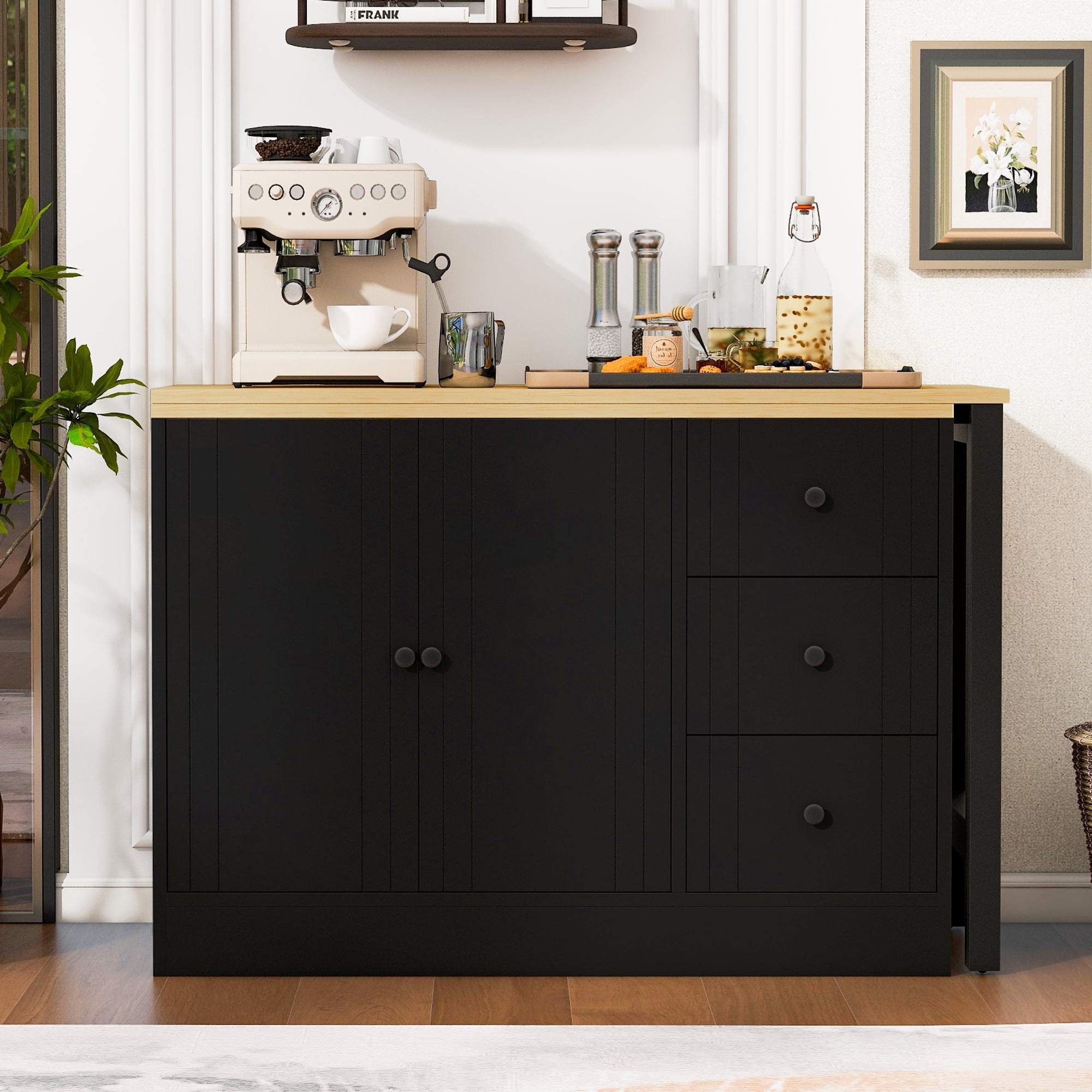 Aukfa Space-Saving Sideboard with 47" Extendable Dining Table,Buffet Cabinet for Kitchen Dining Living Room,Natural