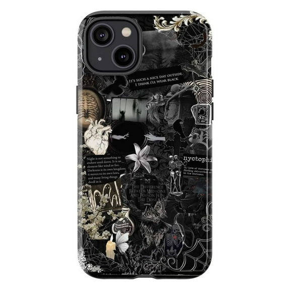 Dark Gothic Collage Phone Case, Black Aesthetic iPhone Cover with Skeletons, Roses & Vintage Quotes, Moody Grunge Style for iPhone 16 15 14 13 12 11 Pro Max