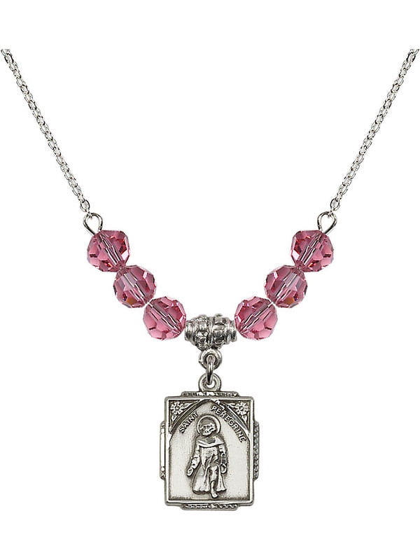 Bonyak Jewelry 18 Inch Rhodium Plated Necklace w/ 6mm Rose Pink October Birth Month Stone Beads and Saint Peregrine Charm 