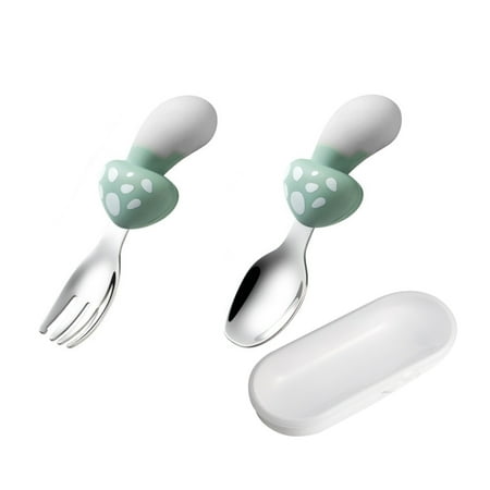 

Eastshop 1 Set Kids Tableware Set Drop Resistant One-piece Moulding Learn to Eat Stainless Steel Mushroom Shape Spoon Fork Set Dining Room Supply