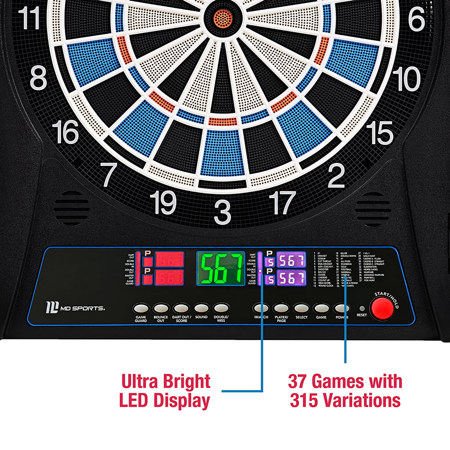 Elmhurst Electronic Dartboard Cabinet with Digital X/O Cricket Scorekeeping, Soft Tip Darts, by MD Sports
