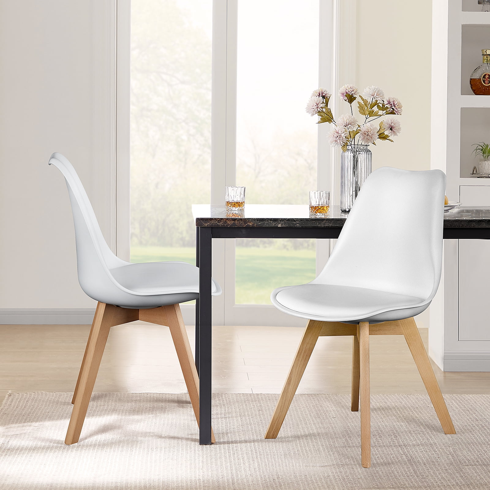 CONCETTA Set of 4 Dining Chairs with Padded Seats & Wooden Legs for Kitchen or Living Room, White