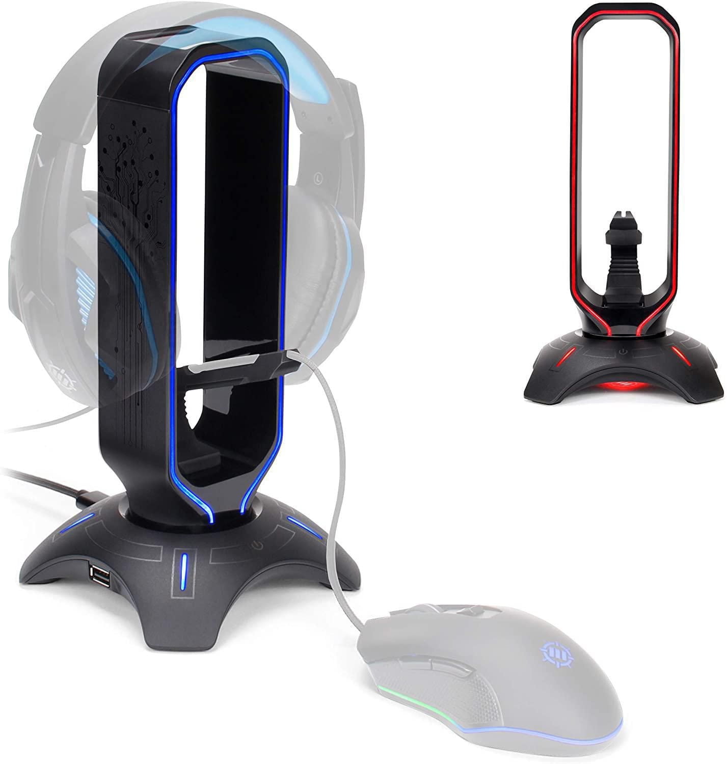 ENHANCE Gaming Headset Stand - LED Headphone Hanger with Mouse Bungee and 2 Port USB Hub