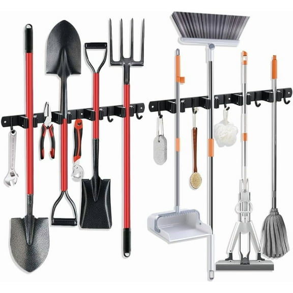 2 Pack Broom Hanger and Mop Holder, Heavy Duty Garden Tool Organizer Rack Rake and Shovel Handle, Stainless Steel Wall Mounted Utility Rack with Screws (4 Racks with 5 Hooks, Matte Black).