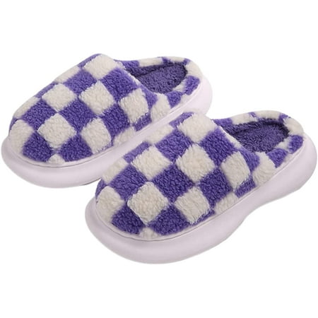 

CoCopeanut Unisex Checkerboard Slippers Winter Warm Plush Lining House Slipeprs Non-Slip Slipper Slides Indoor Outdoor