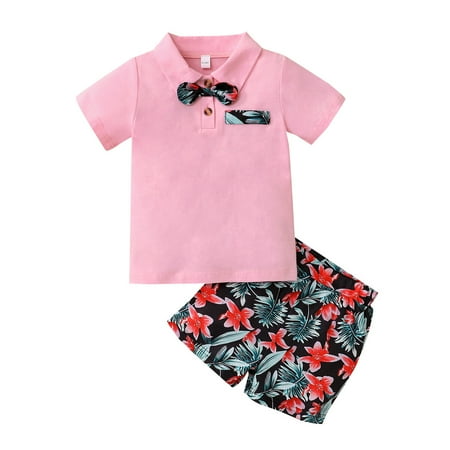 

4T Baby Boy Clothes 5T Toddler Boys Summer 2PCS Outfits Short Sleeve Polo Shirt Top Floral Shorts Set Pink