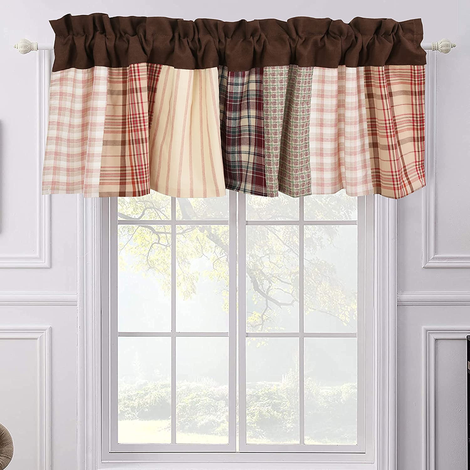 Cozy Line Heidi Chocolate Brown Plaid Grid Striped Real Patchwork Rod Pocket Window Valance, 16