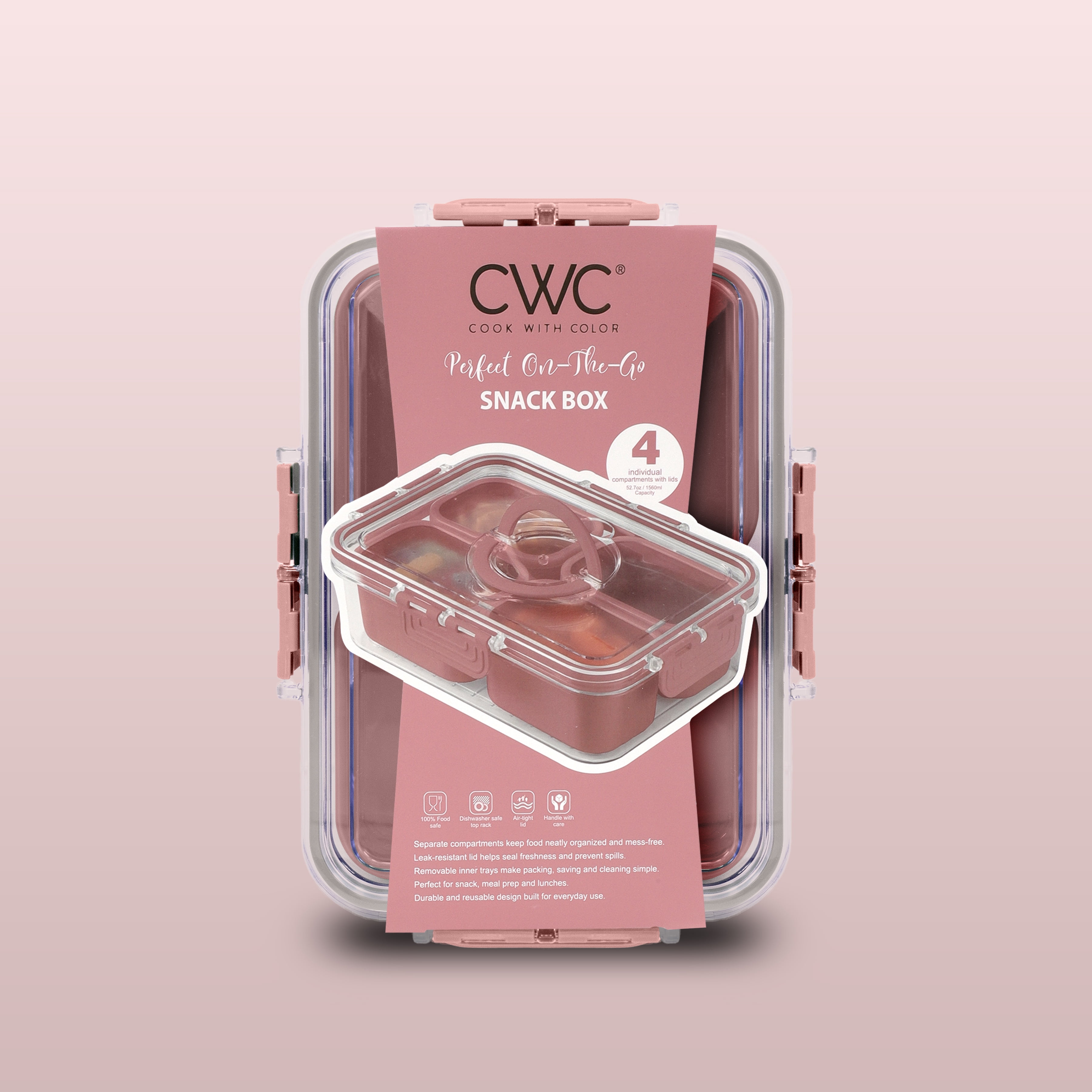 Cook with Color Pink Portable 4-Compartment Snack Food Storage Container, Portable and Dishwasher Safe with Ice Packs
