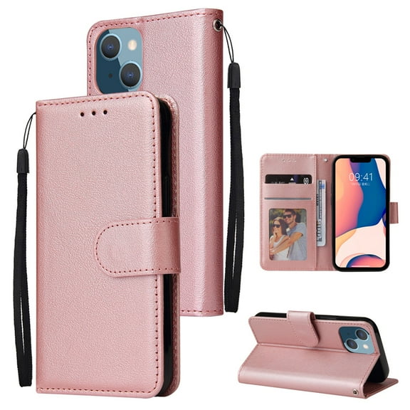 SaniMore for iPhone 14 Plus 6.7" PU Leather Case, Magnetic Closure Flip Wallet Cover with Wrist Strap Card Slot & Multi-Angle Kickstand All-Inclusive Protective Shell, Rosegold