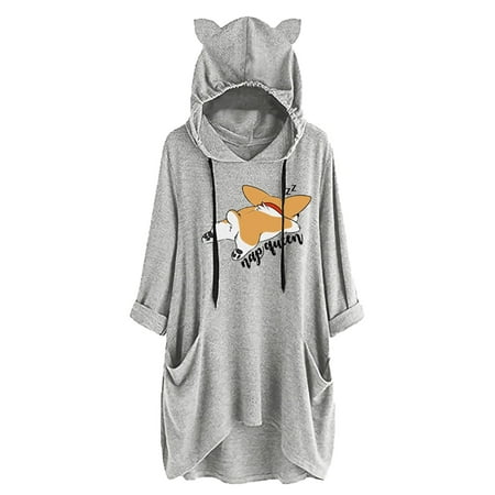 sebulube Women's Ear Hat Mid-length Blouse Mid-sleeve Cute Printed Hooded Loose Top