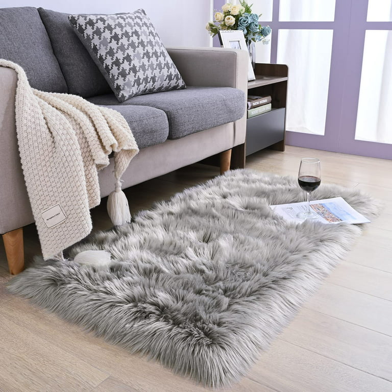 Ghouse Rectangular Grey Area Rug 2x5 Feet Thick And Fluffy Faux Sheepskin Machine Washable Plush Carpet For Living Room Bedroom Kids Com
