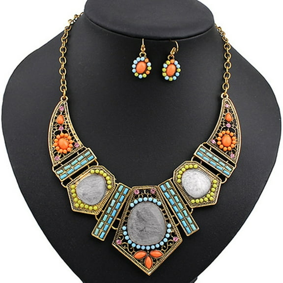 SmartBy Women's Boho Colorful Hollow Statement Chain Choker Necklace Hook Earrings Set