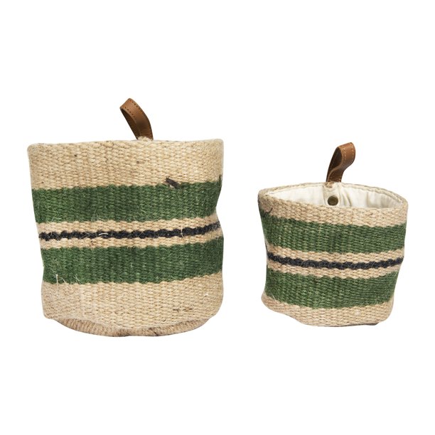 Creative CoOp Handwoven Green Striped Jute Baskets with Leather Loops