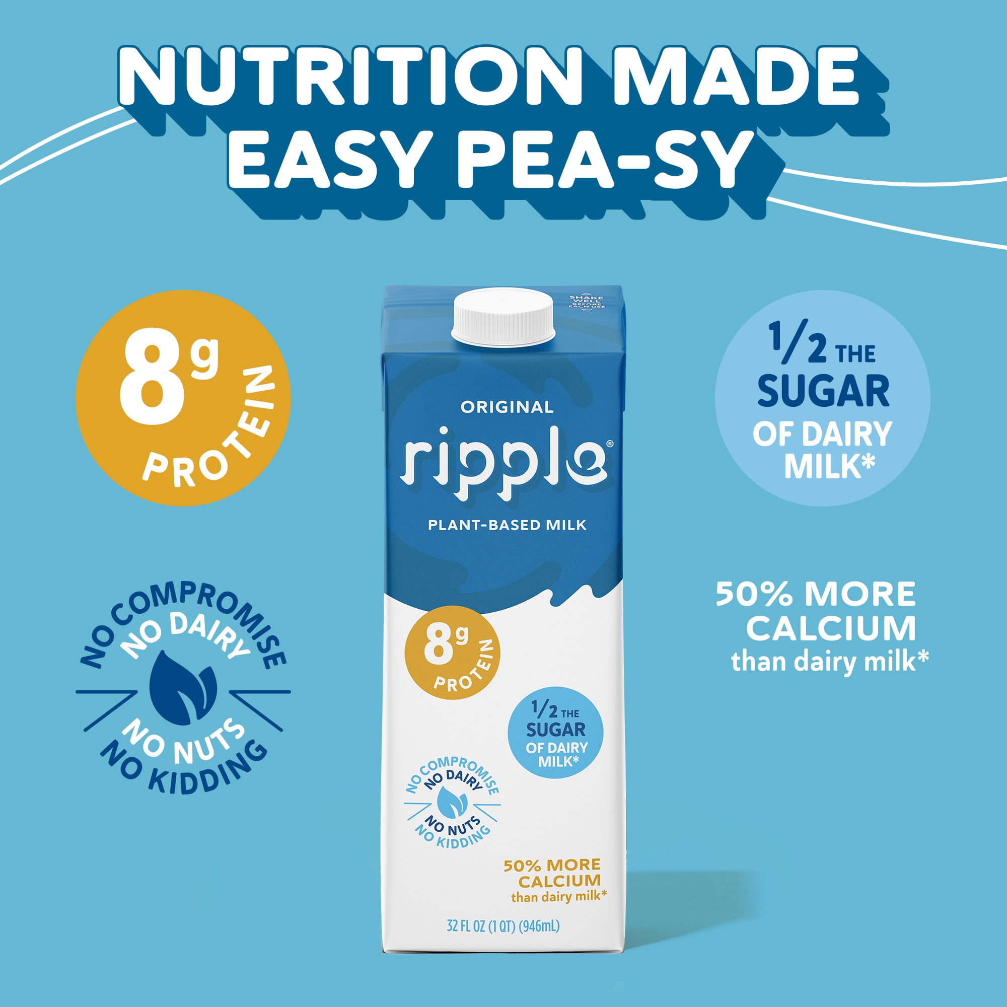 Ripple Original Non-Dairy Milk, Plant-Based, Shelf Stable, 32 oz, Pack of 6