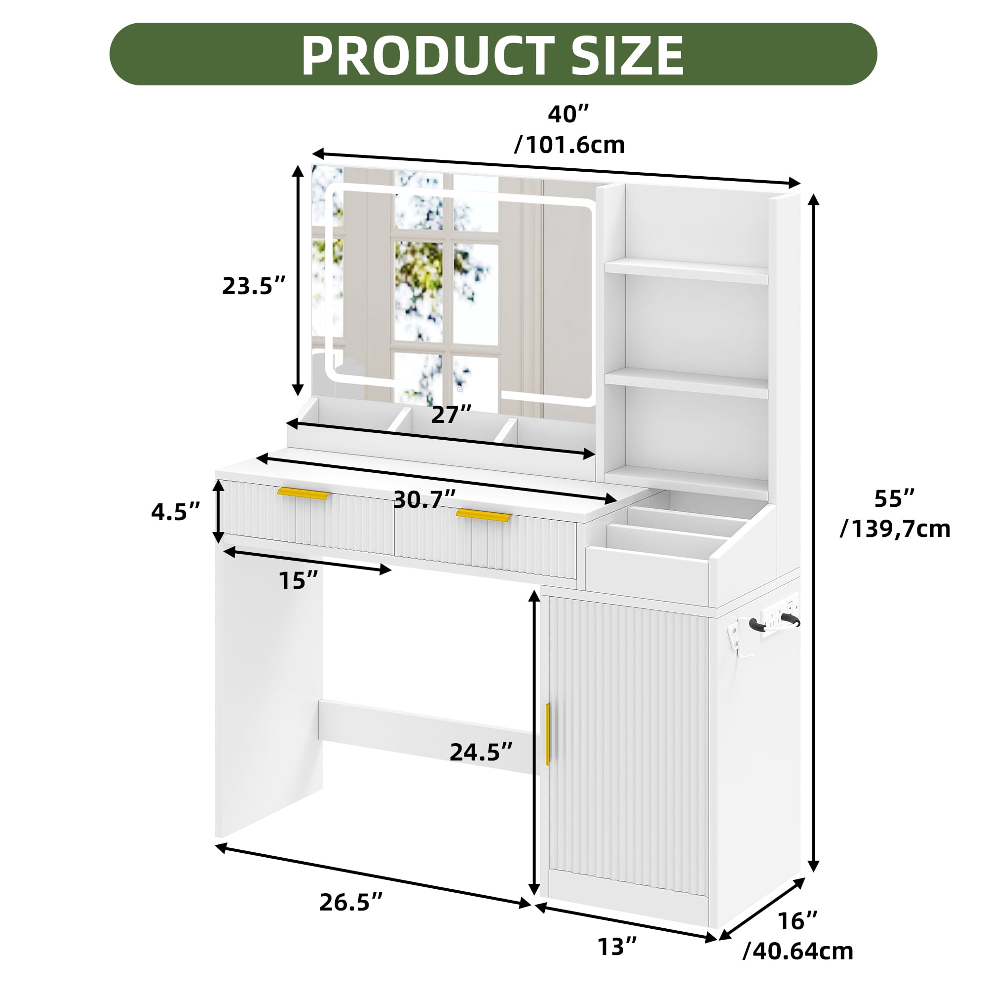 Uforic Vanity Desk with Mirror and LED Lights, Makeup Vanity Table with 2 Drawers & 11 Shelves, Makeup Table with Power Outlet for Bedroom Dressing Room,White