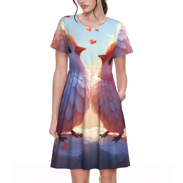 Easygdp Heart Sky Bird Couple para Vestido Transpirable de Mujer, Vestido Suelto de Manga Corta con Pliegues y Bolsillos para el Verano