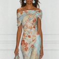 thumbnail image 4 of Printed Colors Floral Off The Shoulder Midi Dress, Twisted Knot Satin Bodycon Mermaid Hem Evening Dress, 4 of 6