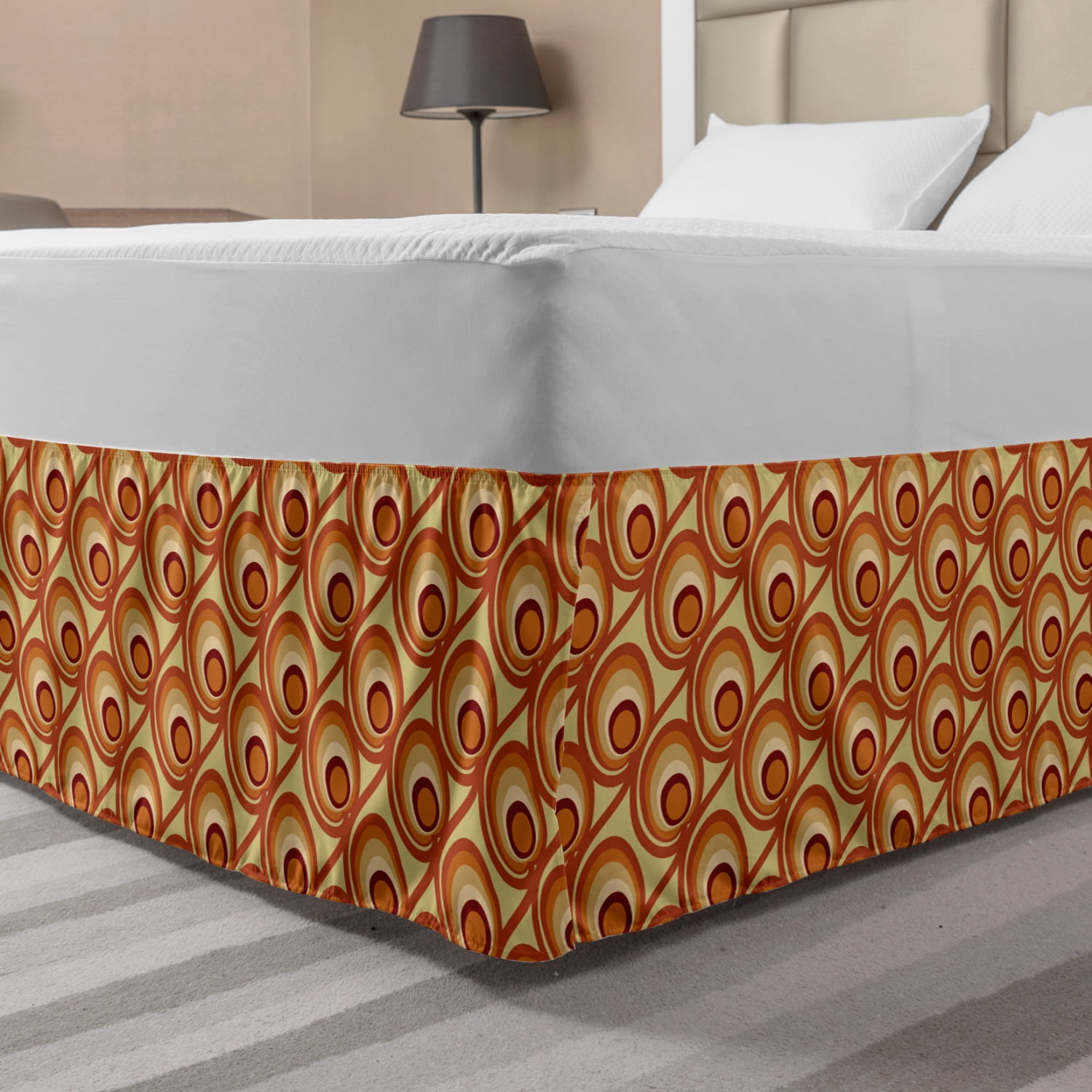 Burnt Orange Bed Skirt, Retro Design Inspirations with Doodle Style Circles and Stripes Swirled