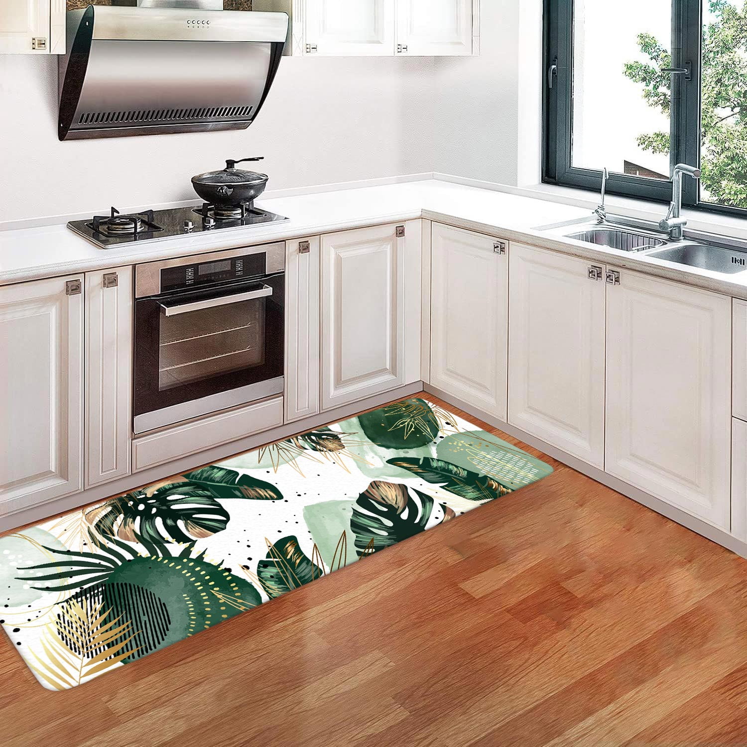 Green Chic Abstract Bath Mat for Bathroom, Boho Green Gold Leaves Tropical Watercolor Minimalist Modern Floor Rugs Mats Non Slip Bathroom Decor Accessories 16X48 Inches Kitchen Bedroom Indoor