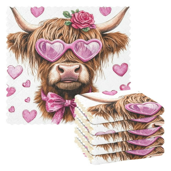 Qxltty Cow with Love Pattern Kitchen Towels Set of 6 Ultra Soft Absorbent Quick Drying Dish Cloths 11 x 11in