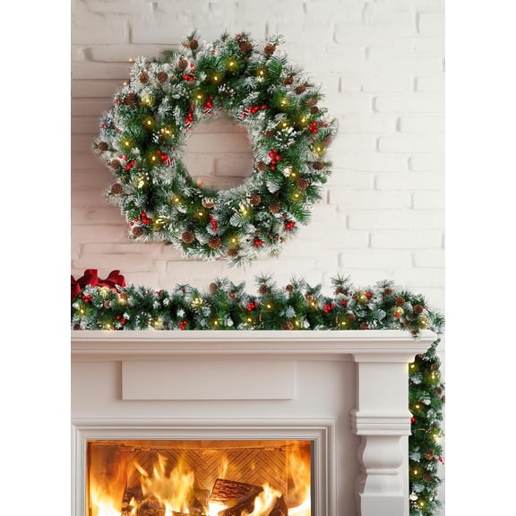 9-Foot Flocked Garlands with 100 LED Lights - Warm White