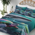 thumbnail image 3 of Ambesonne Nautical Fitted & Top Sheet Set with Shams, Trippy Turtle with a Whale, Teal Multicolor, 3 of 5