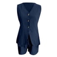 thumbnail image 4 of Arlun Women's Summer 2 Piece Sets Dressy V-Neck Sleeveless Slim Fit Vest Matching Drawstring Shorts Trendy Solid Color Simple Stylish Two Piece Outfits with Back Tie Design Dark Blue S, 4 of 5