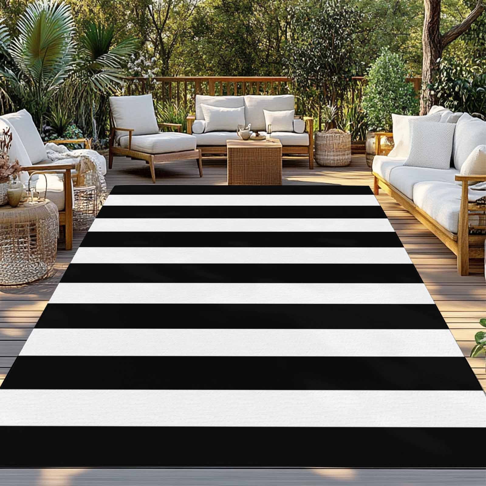 Outdoor Rug 6x9 ft Black and White Striped Pattern Waterproof Outdoor Patio Rug Mat Non Slip Outside Area Rugs Carpet for RV,Camping,Porch,Deck,Pool,Balconybackyard,Minimalist