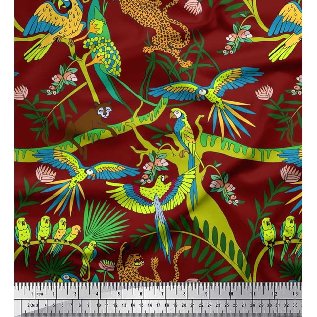 Soimoi Polyester Crepe Fabric Branches,Parrot & Leopard Jungle Print Sewing Fabric Yard 42 Inch Wide