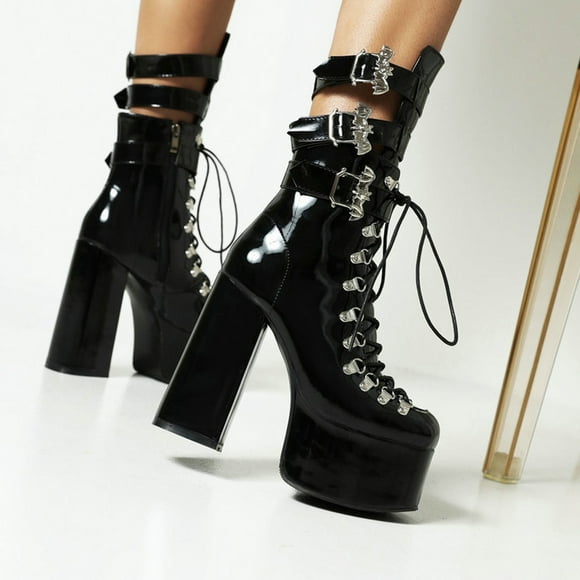 Jienlioq Womens Cowboy Boots Thick Ultra High Heels Sole Lacquer Leather Black Belt Buckle Plush Insulation Cotton Gothic Boots Cyber Monday