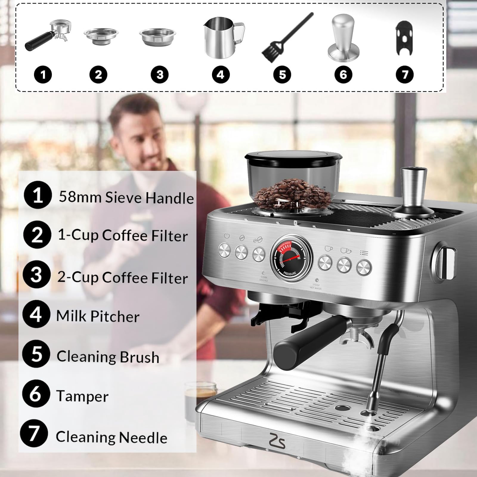 Espresso Machine with Bean Grinder, Semi Automatic Espresso Machine, 20-Bar Espresso Maker with Milk Frother Steam Wand 2.8L Water Tank, Home Espresso Coffee Maker for Latte, Cappuccino