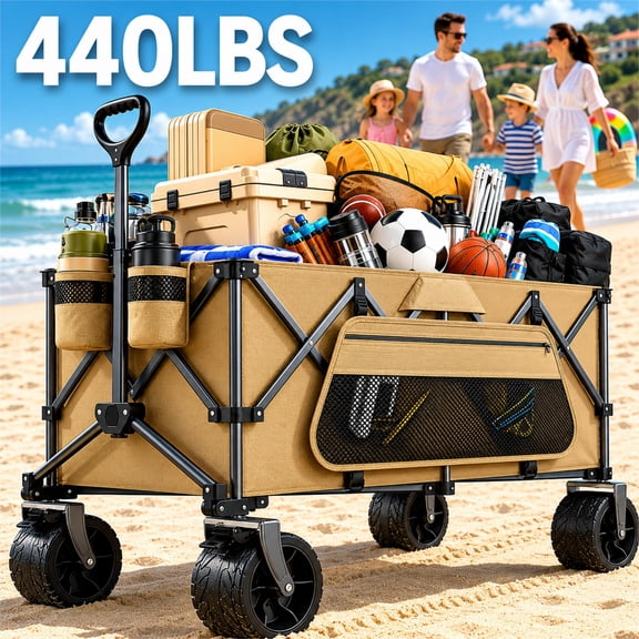 Fehomix 440lbs Collapsible Wagon with Big Wheels for Sand, Heavy Duty All Terrain Folding Wagon Cart for Beach Camping Grocery Garden
