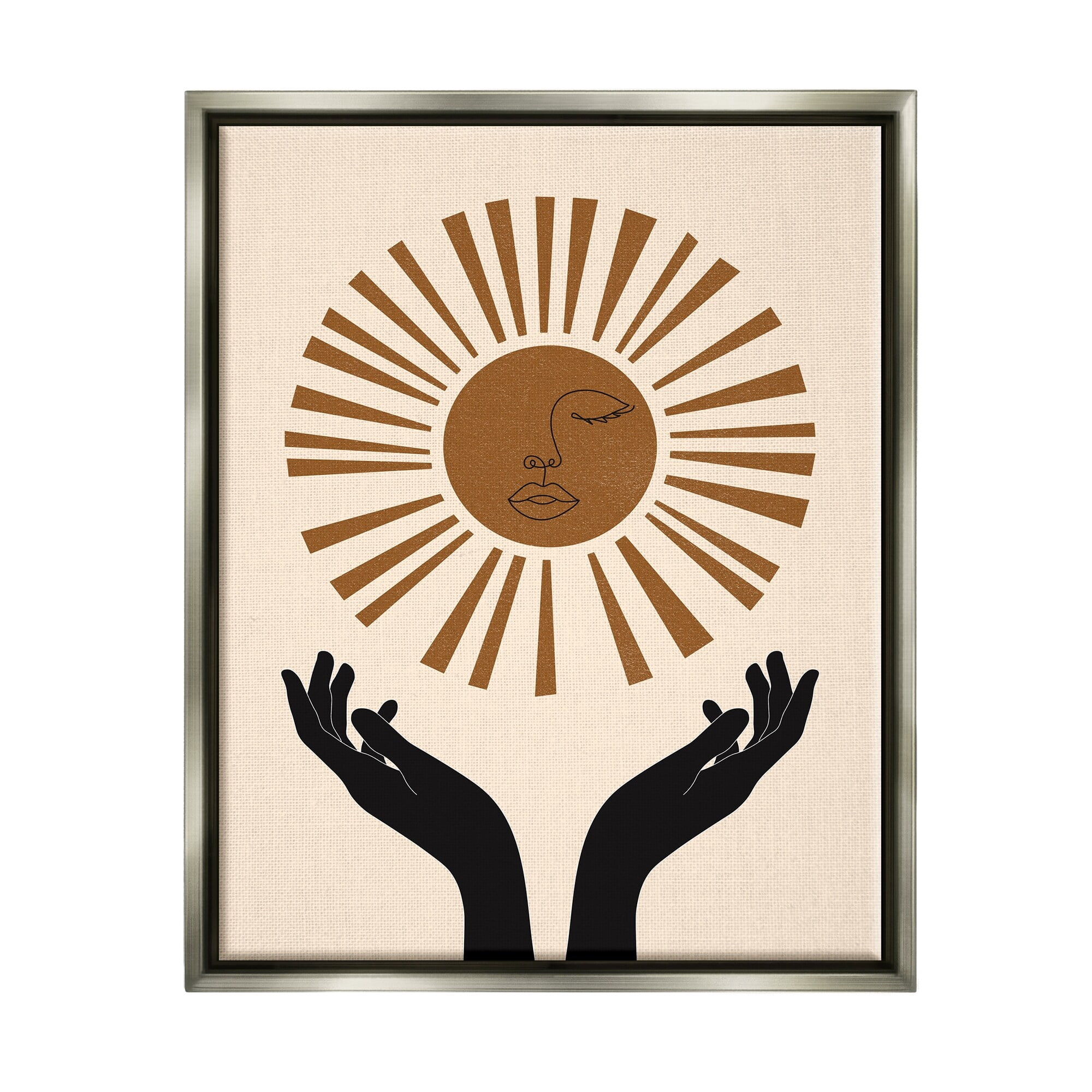 Stupell Industries Hands Holding Desert Sun with Face Linework Luster Gray Framed Floating Canvas Wall Art, 16x20, by JJ Design House LLC