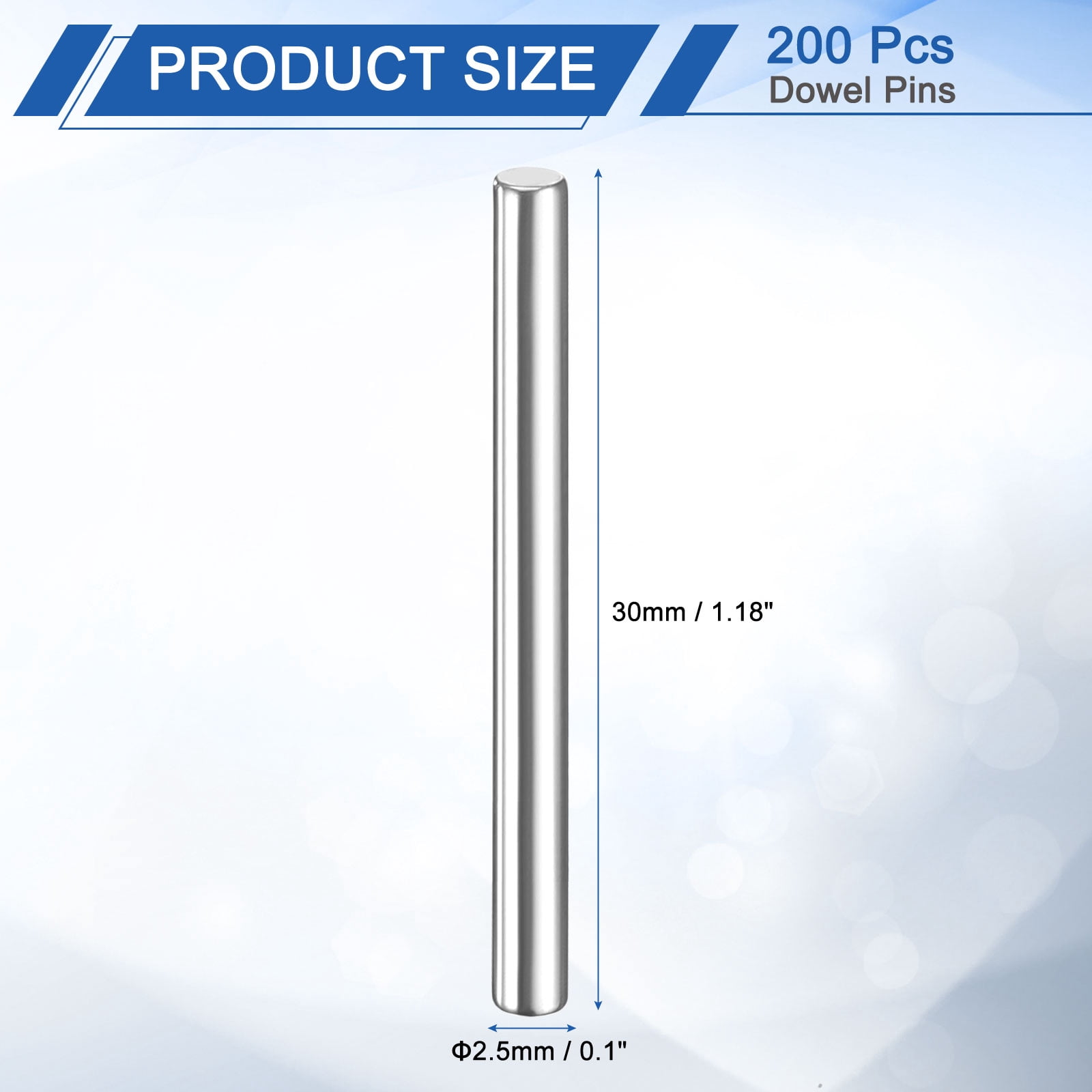200Pack 2.5 x 30 mm Dowel Pins, 304 Stainless Steel Shelf Support Peg Pin, Silver