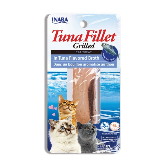 INABA Premium Hand-Cut Grilled Tuna Fillet Cat Treats w Vitamin E, 0.52 oz, 6-Pack, Tuna Broth