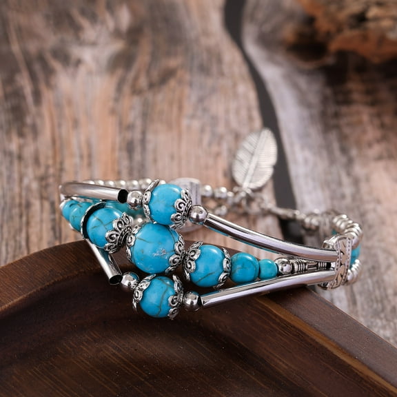 Women's Vintage Bohemian Turquoise Bracelet,  Holiday Style Three-Layer Turquoise Bead Antique Geometric Carved Feather Bracelet, Must-Have Bracelet Jewelry for Autumn and Winter,Turquoise