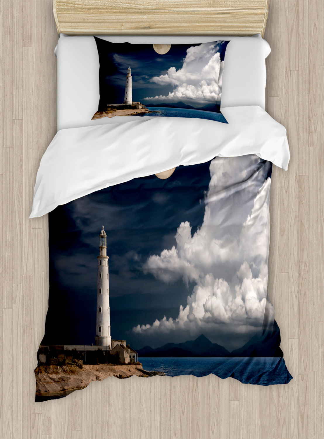 Lighthouse Duvet Cover Set, Lighthouse Moonlight Island Large Clouds