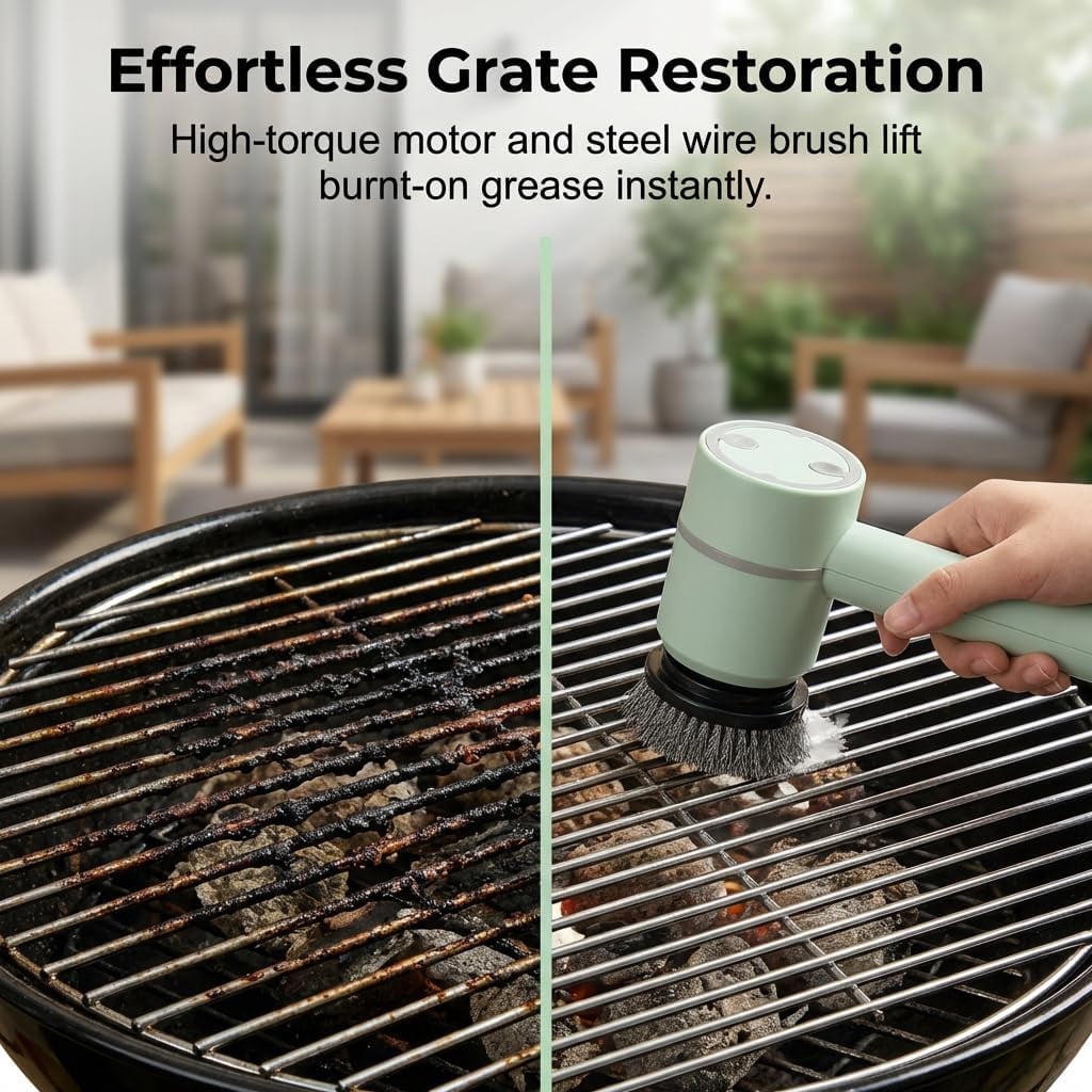 Electric Grill Brush, 2026 New Heavy Duty BBQ Grate Cleaning Brush with 6 Interchangeable Heads, 360 Rotation Power Scrubber, Kitchen Sink Bathroom Homeowners Grill Enthusiasts Adults (Green)M