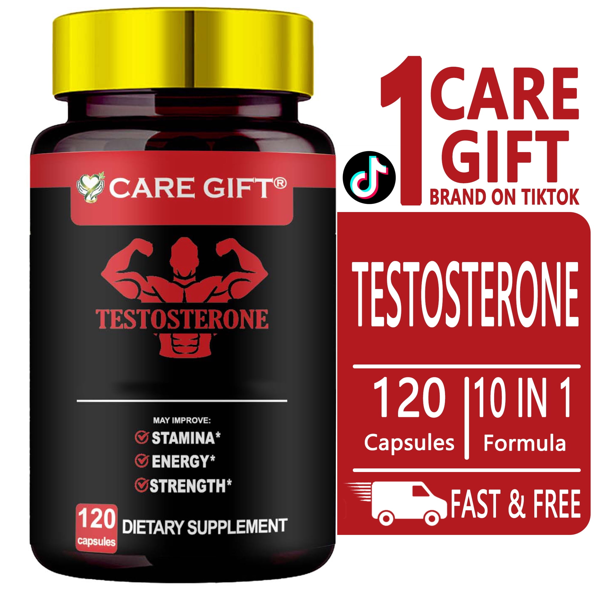 CARE GIFT Testosterone Booster for Men, 10-in-1 Formula with Stamina, Energy, Muscle & Strength Support, 120 Capsules