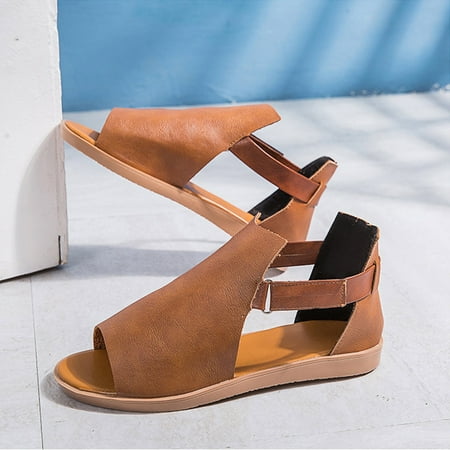 

Women s Fashion Casual Retro Vintage Solid Colors Peep Toe Sandals Flat Shoes
