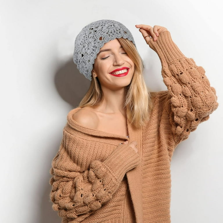 Pieces Floral Crochet Slouchy Beanie Hat Handmade Knit Cutout