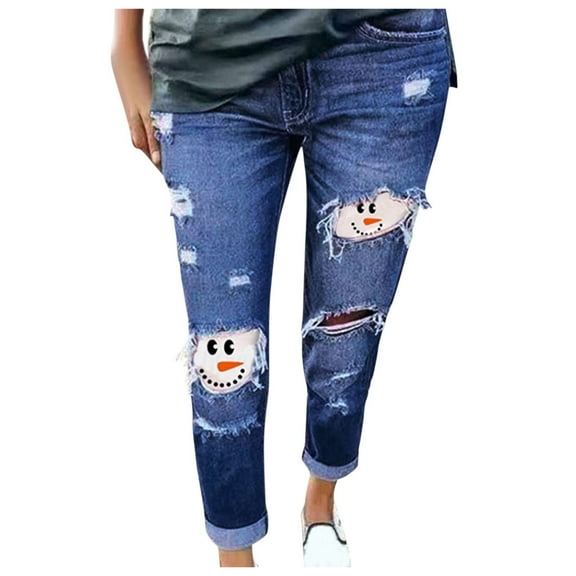 Baberdicy Womens Jeans Size Plus Print Jeans Ripped Trousers Women Snowman Jeans Pants Jeans for Women Trendy Stretch Blue